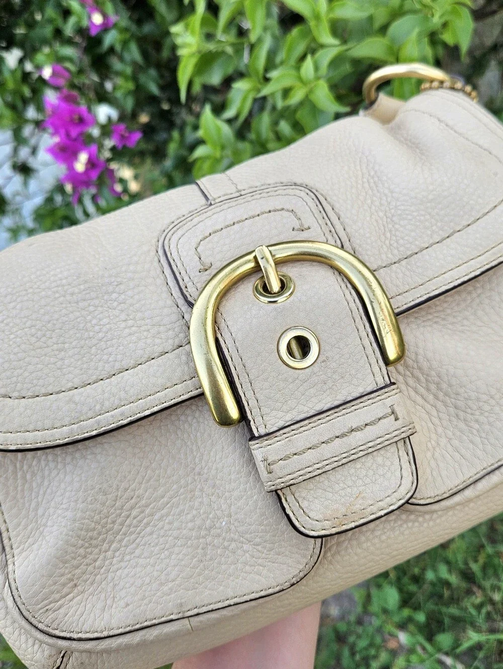 Coach Soho Double Pocket Buckle Flap 11842 Ivory Pebbled Leather Shoulder Bag